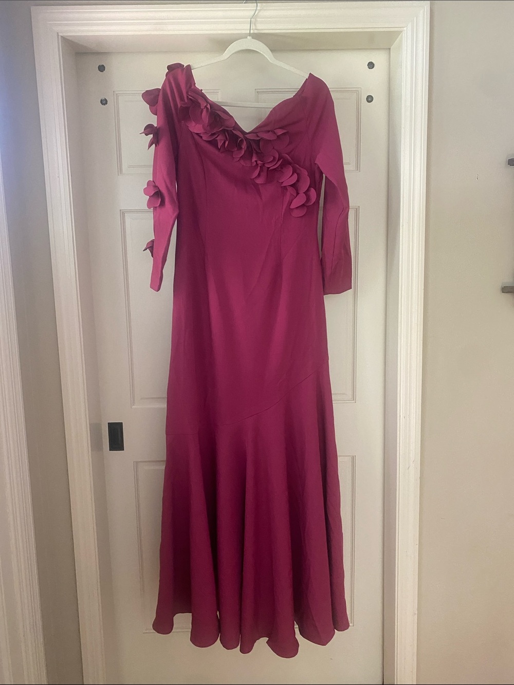 Elegant Fuchsia 3D Off Shoulder Long Floral Applique Dress